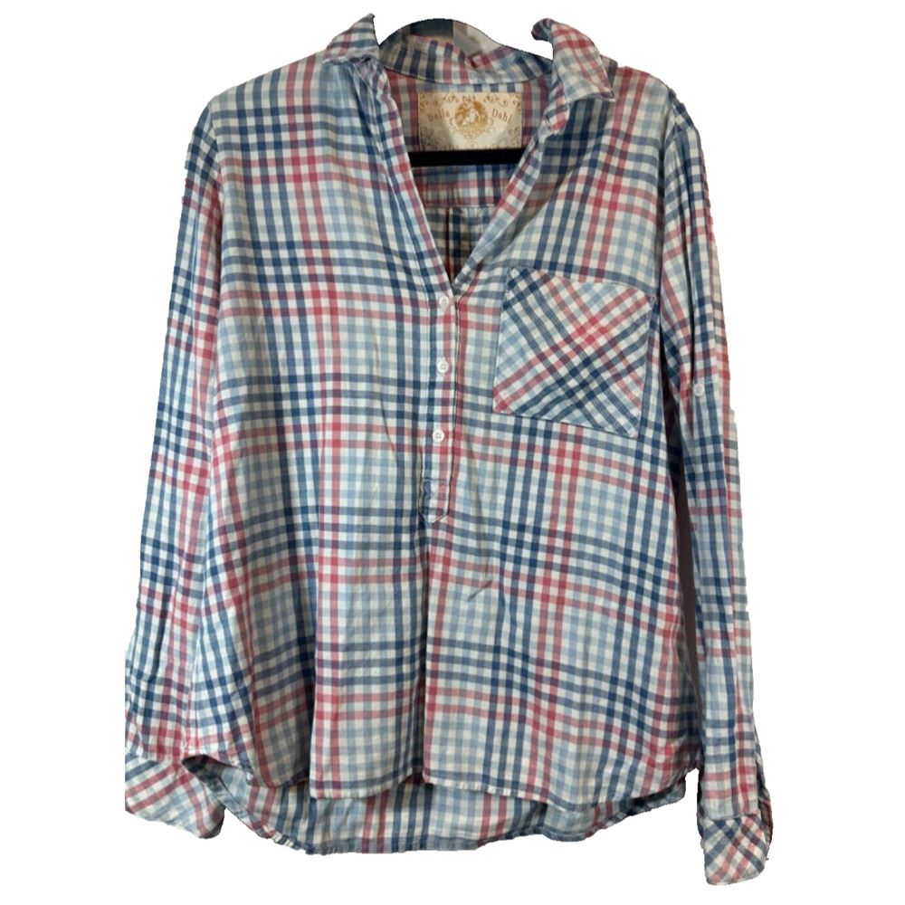 BELLA DAHL M Plaid flannel roll tab Sleeve 1/2 Button Shirt blouse Tencel A52